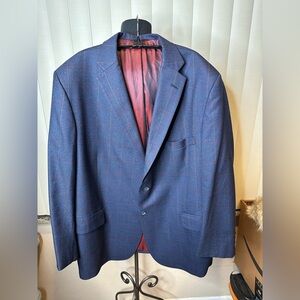 John P. Needham Mens Suit Jacket Blue Checkered Pattern Red Lining